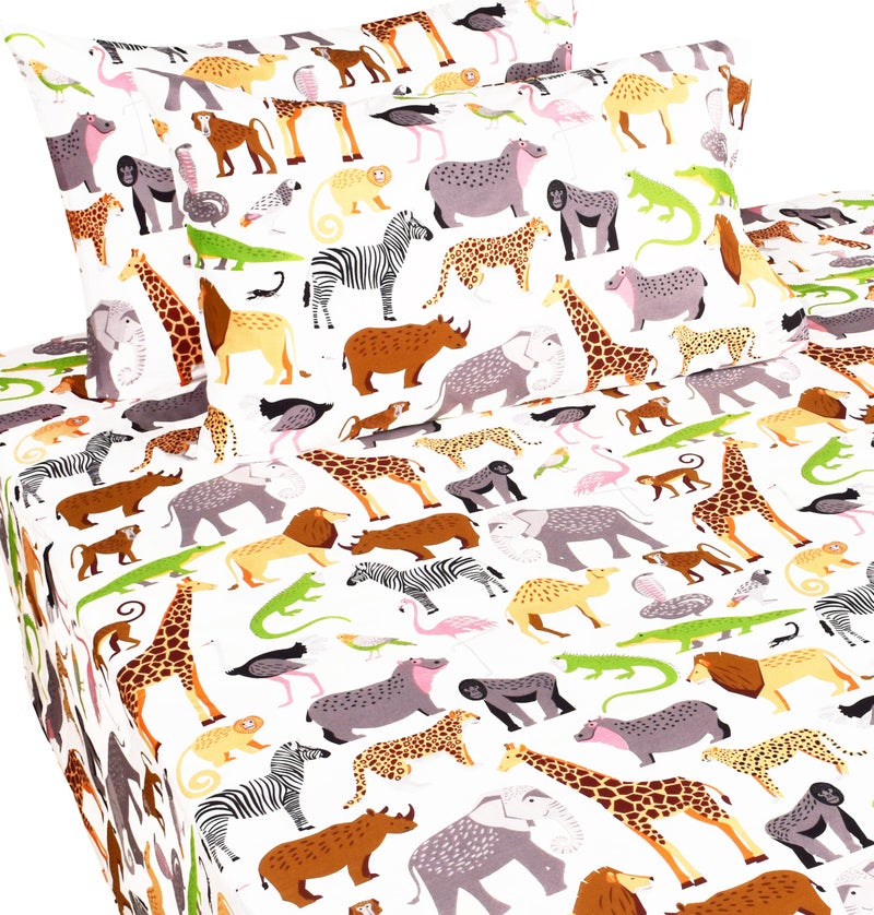 J-pinno Jungle Animals Leopard Zebra Elephant Snake Full Sheet Set Kids Boys Bedroom Decoration Gift, 100% Cotton, Flat Sheet + Fitted Sheet + Pillowcillowcase Bedding Set (15, Full) - Image 4